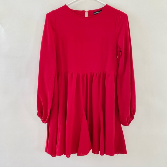 Petite Skater Mini Dress Blouson Long Sleeves Waist Tie Pleated Red 0 - Picture 9 of 16